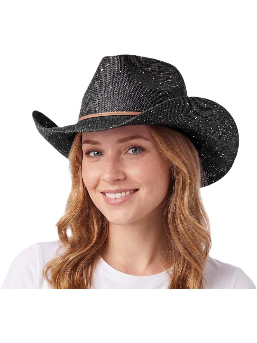 Women's Black Brown Sparkly Sequin Suede String Trim Party Cowboy Western Hat
